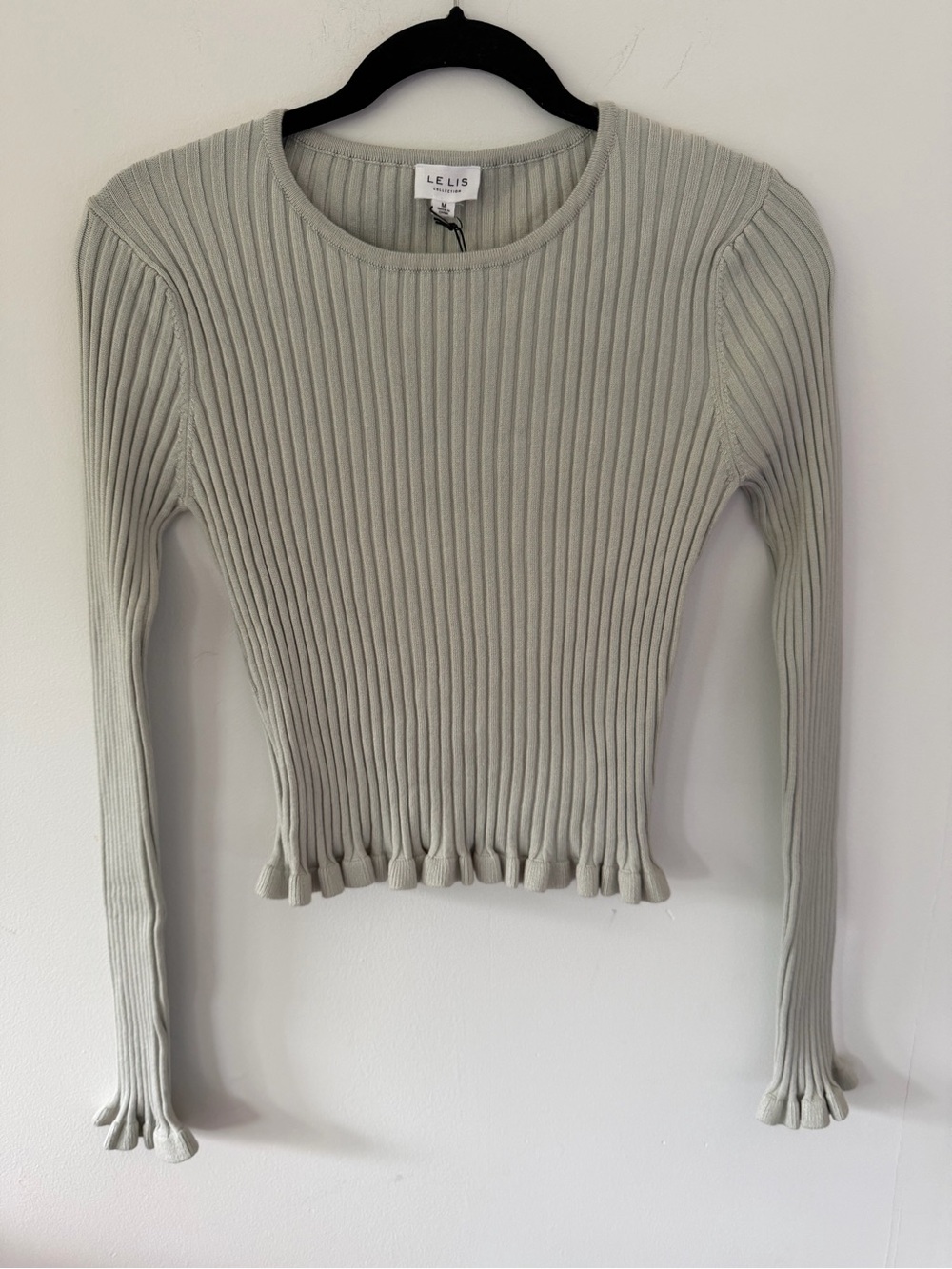 Le Lis Light Sage Ribbed Crewneck with Ruffle Hem